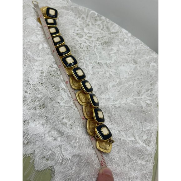 Vintage Resin Midnight Blue / Cream Gold Tone Double Square Design Necklace & Br - Picture 9 of 10